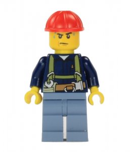 Figurka LEGO Dělník, modrá bunda s nářadím zepředu